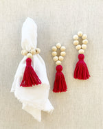 Load image into Gallery viewer, Natural Wood Bead Tassel Napkin Rings, Cherry, set of 4
