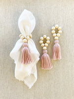 Load image into Gallery viewer, Natural Wood Bead Tassel Napkin Rings, Pastel Pink, Set of 4
