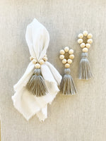 Load image into Gallery viewer, Natural Wood Bead Tassel Napkin Rings, Gray, Set of 4
