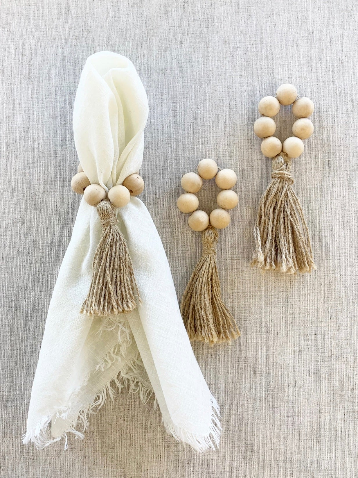 Natural Wood Bead Tassel Napkin Rings, set of 4
