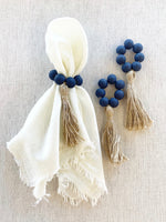 Load image into Gallery viewer, Wood Bead Tassel Napkin Rings, Navy , set of 4
