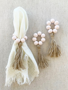 Wood Bead Tassel Napkin Ring, Pink, set of 4