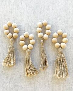 Natural Wood Bead Tassel Napkin Rings, set of 4